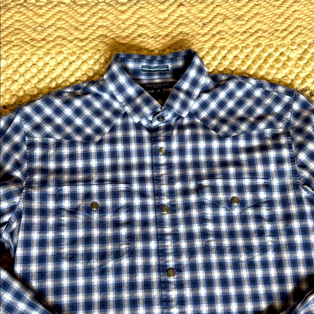 🍌 Banana Republic Western Cut Pearl Snap Navy Plaid Men's Long Sleeve Shirt - Picture 2 of 8